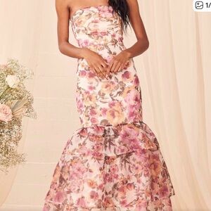 Fleur of Dreams Ivory and Pink Floral Print Organza Maxi Dress medium nwt